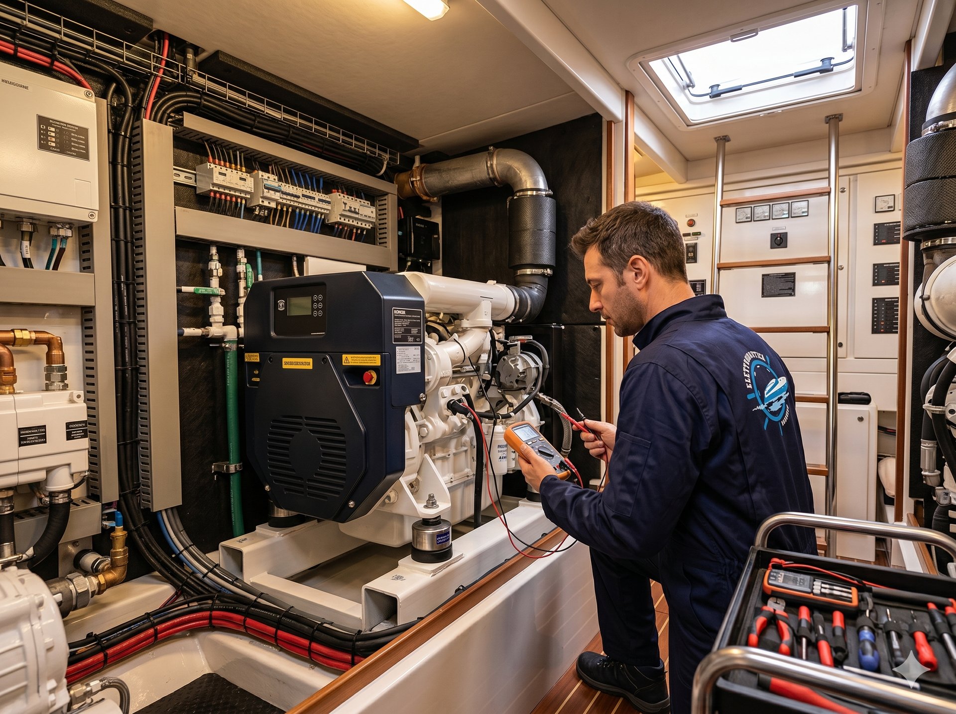 Tecnico manutenzione generatore marino Fischer Panda con multimetro