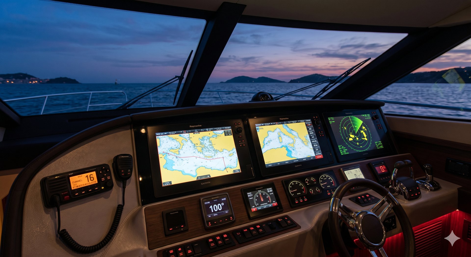 Plancia strumenti elettronica di bordo barca al tramonto